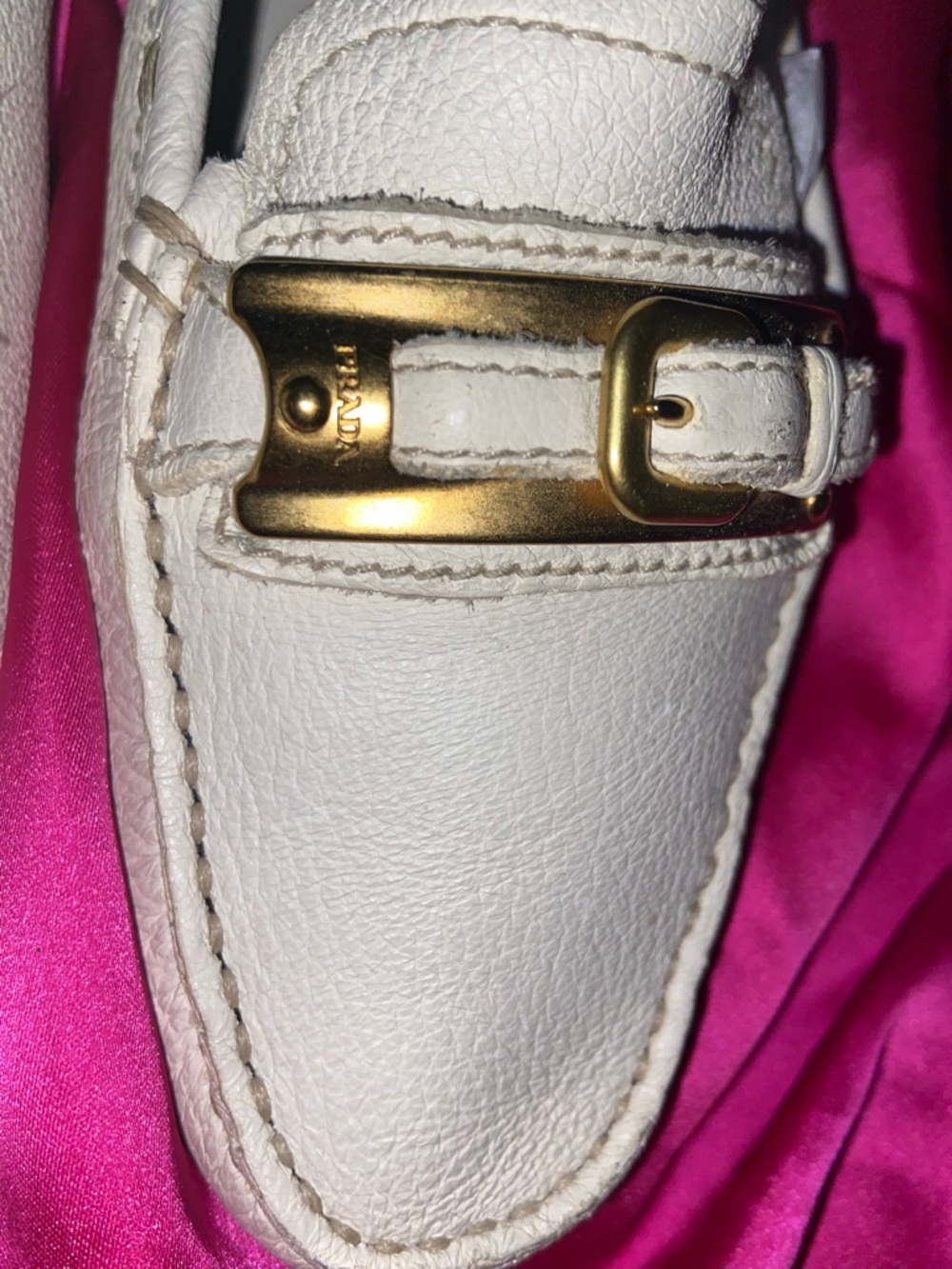 Prada White Leather Loafers with Gold Buckle Accent - Picture 6 of 10